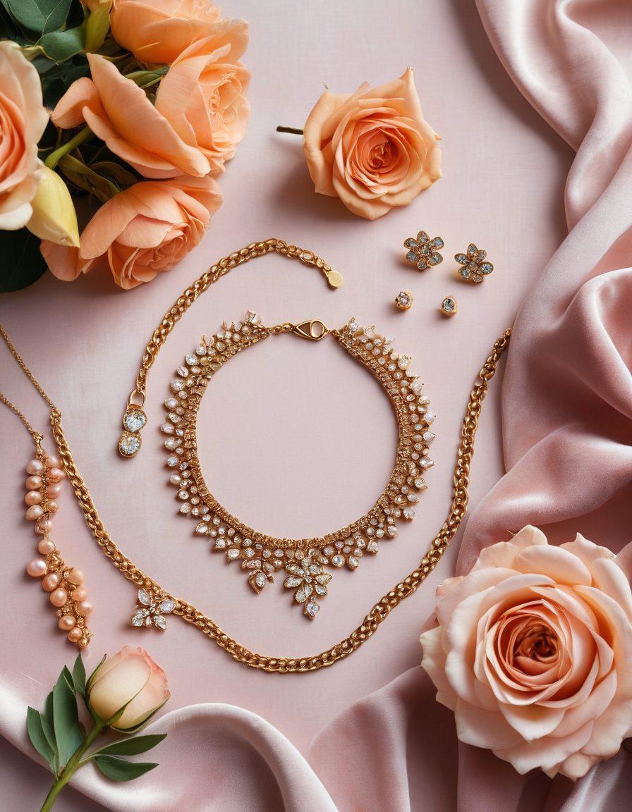 A stylish flat lay of elegant jewelry pieces including custom bracelets, necklaces, and earrings on a soft velvet fabric backdrop, accented with a delicate floral arrangement to enhance the luxurious feel. The lighting should be warm and inviting, casting soft shadows that highlight the intricate details of each piece. super-realistic. vibrant colors. soft focus.