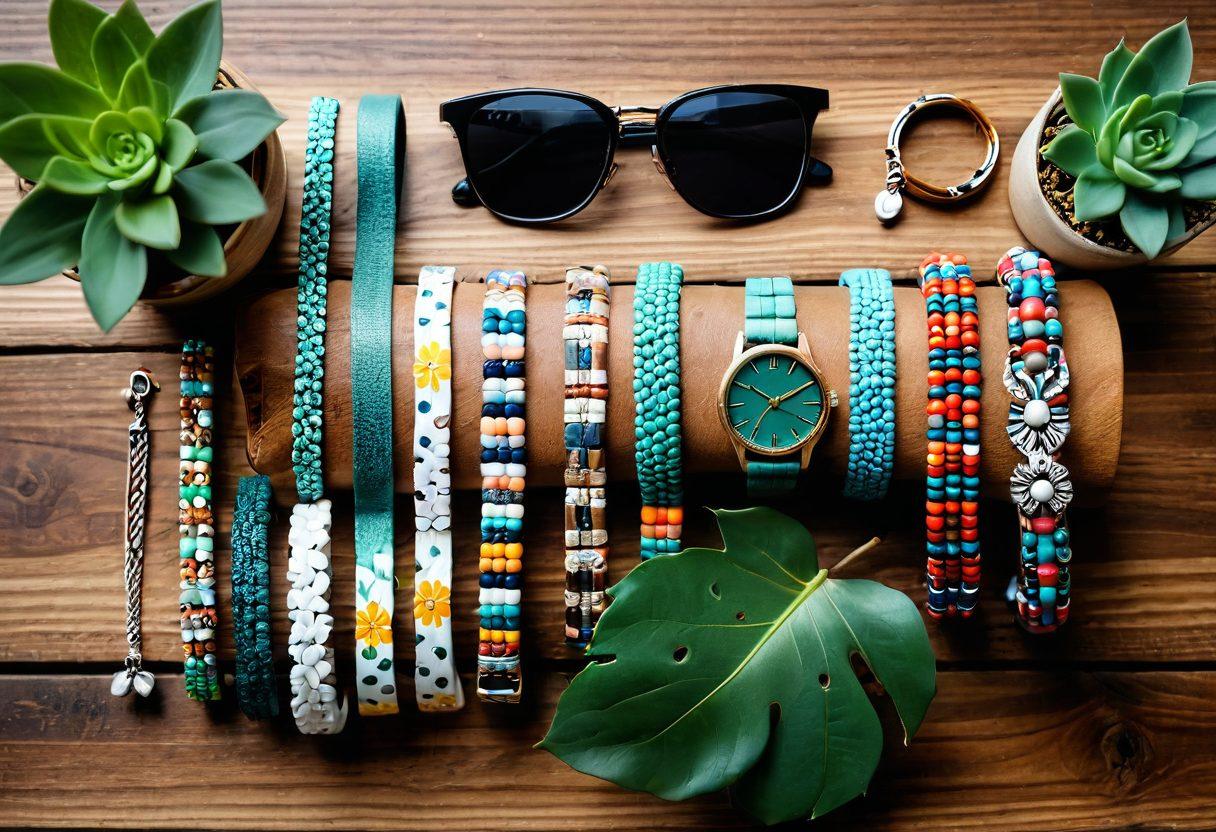 A stylish flat lay display featuring an assortment of hero bands and trendy bracelets on a stylish wooden background. Include vibrant colors, textures like leather and beading, and a pair of fashionable sunglasses beside them. Add subtle hints of nature, like small plants or flowers, to enhance the aesthetic. super-realistic. vibrant colors. white background.